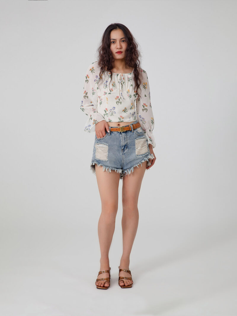 Floral Print Flounce Sleeves Blouse