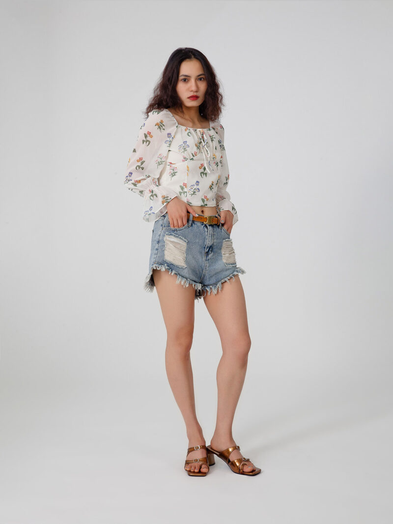 Floral Print Flounce Sleeves Blouse - 图片 3