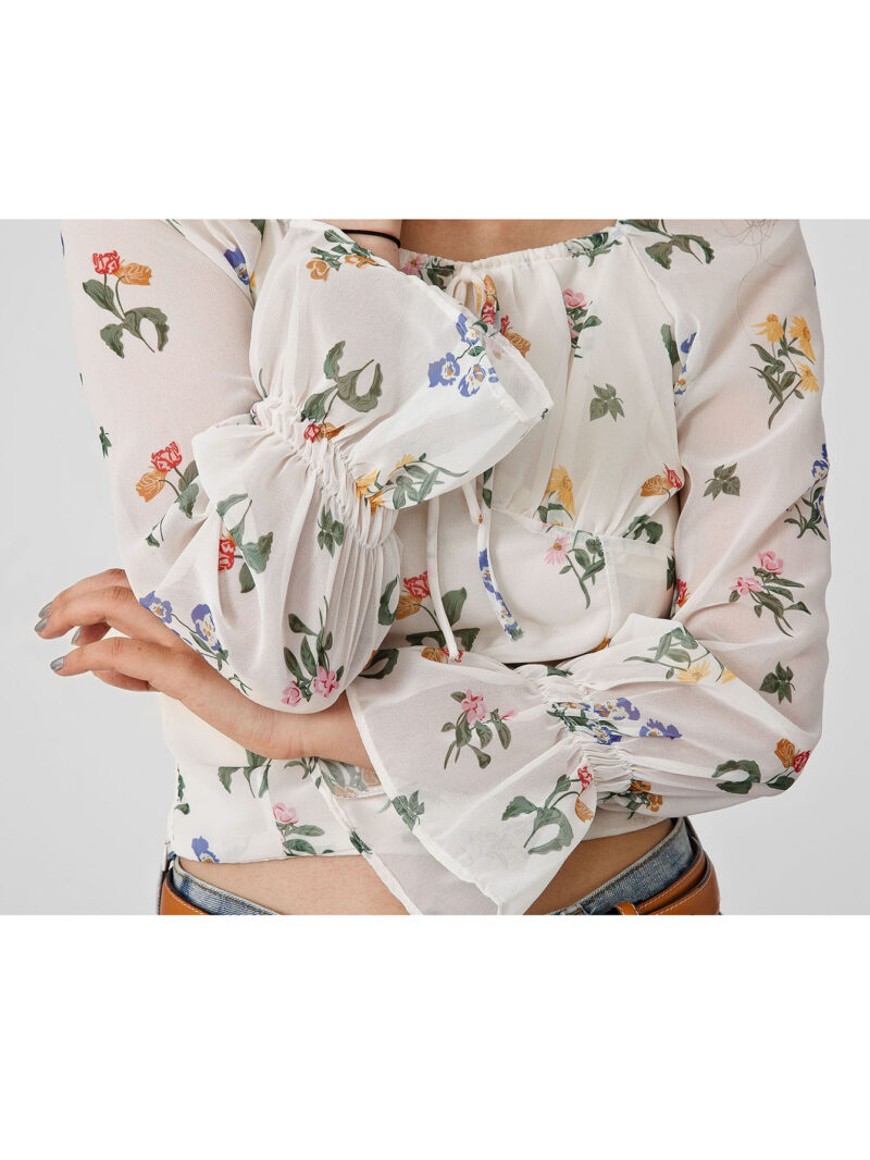 Floral Print Flounce Sleeves Blouse - 图片 5