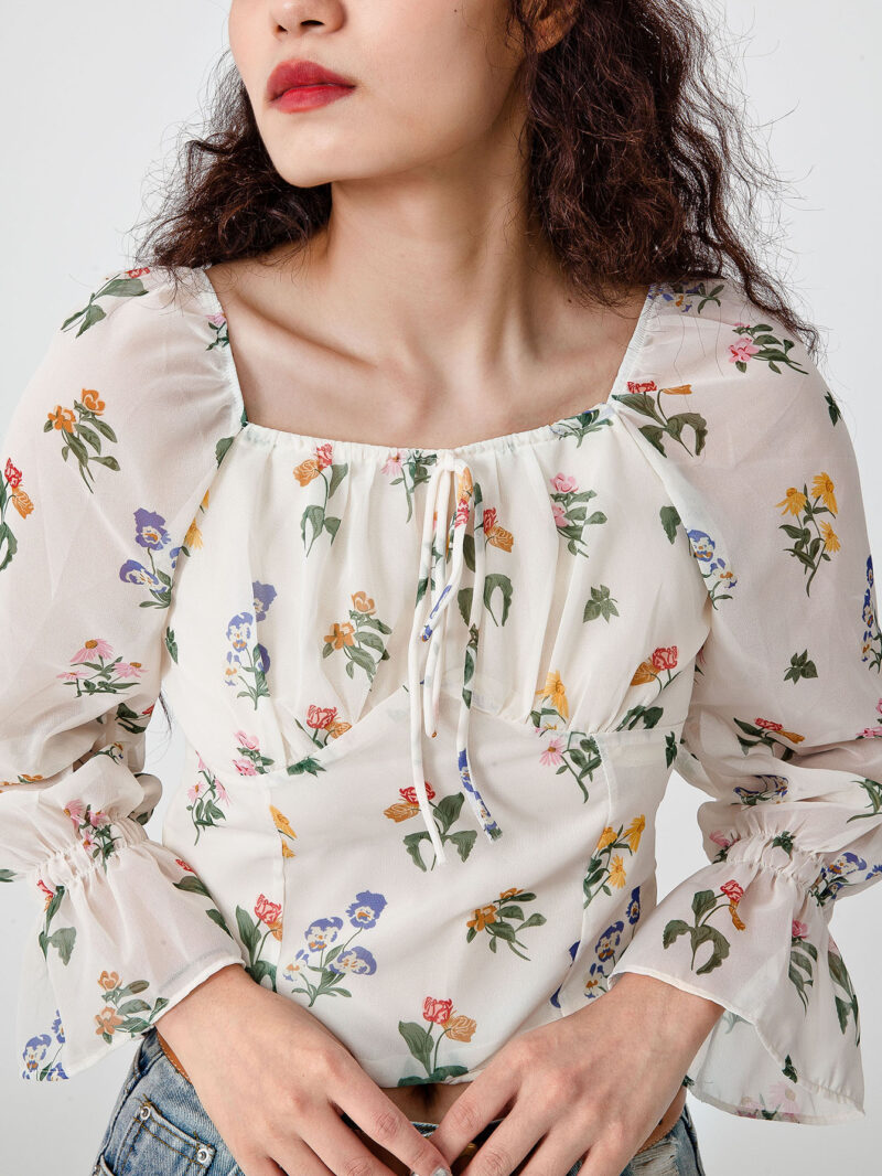Floral Print Flounce Sleeves Blouse - 图片 6