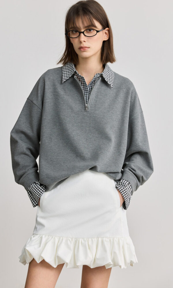 LILY Grey-Toned Preppy Layered-Look Plaid Sweatshirt
